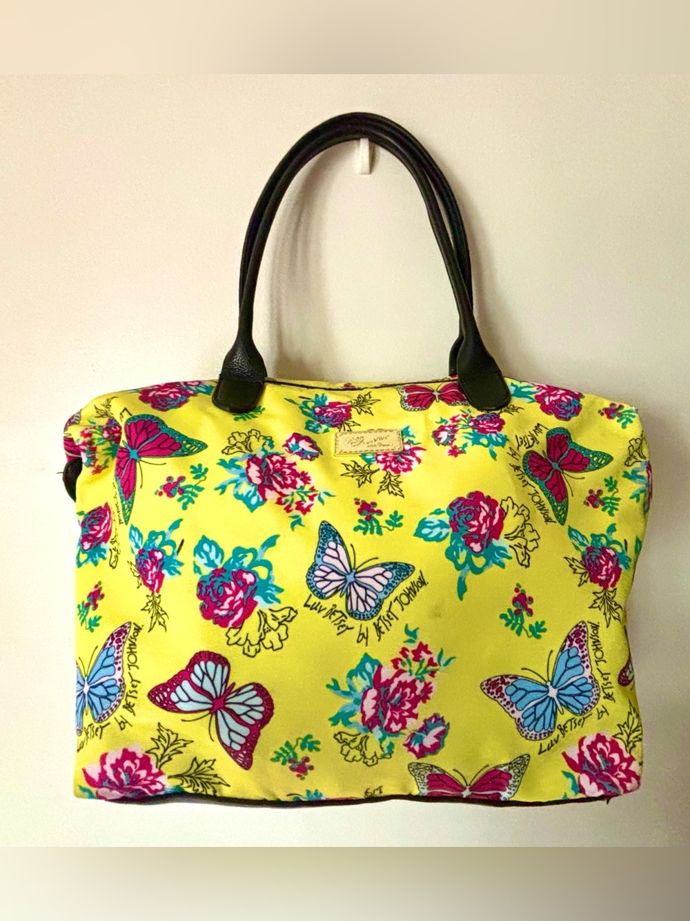 Betsey Johnson Yellow Floral & Butterfly Tote with Black Handles